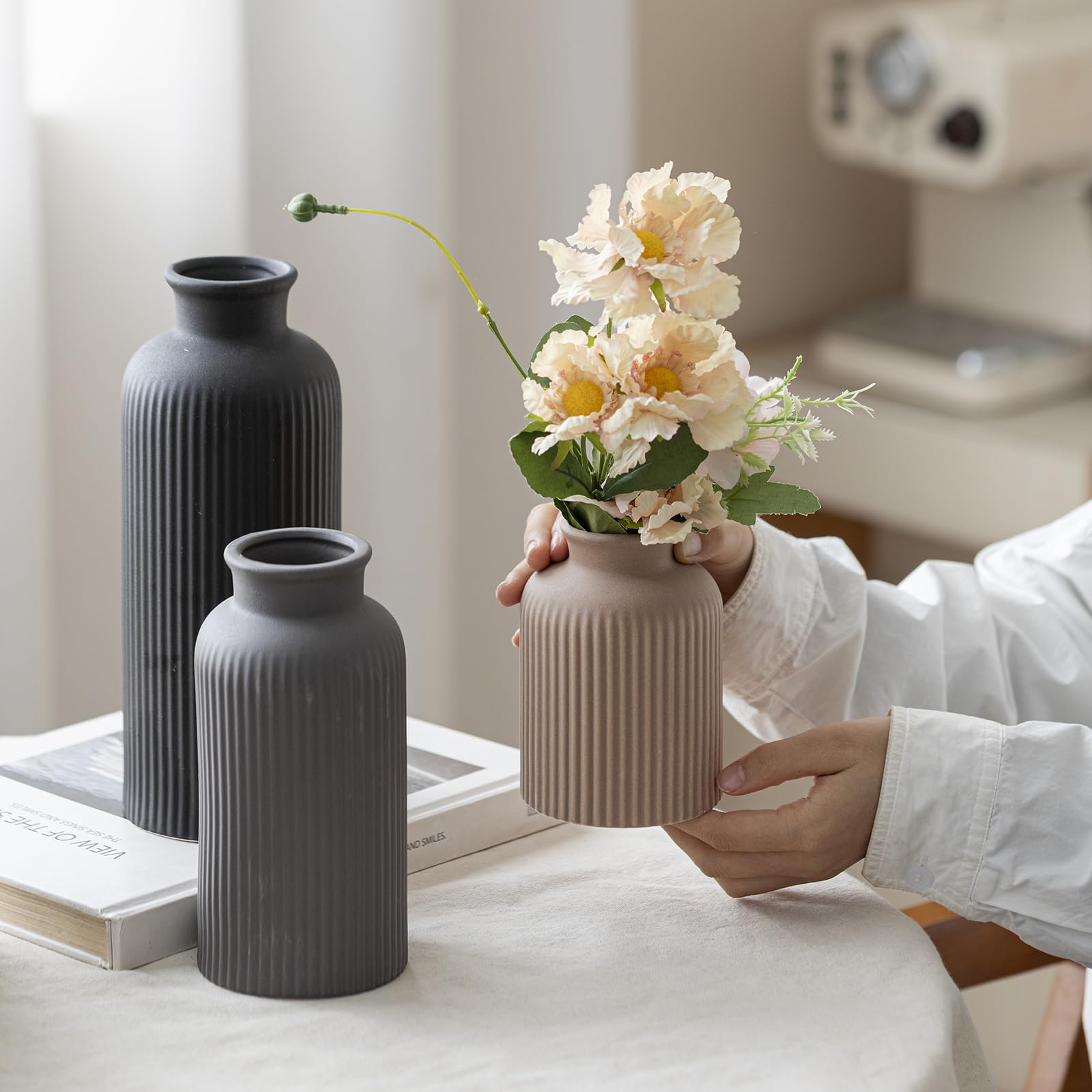 Set di vasi in ceramica moderno e grande, finitura opaca a coste nere, 3 pezzi, vasi decorativi per casa, soggiorno, ufficio, altezza 25,4 cm, larghezza 10,2 cm (mix nero XL)
