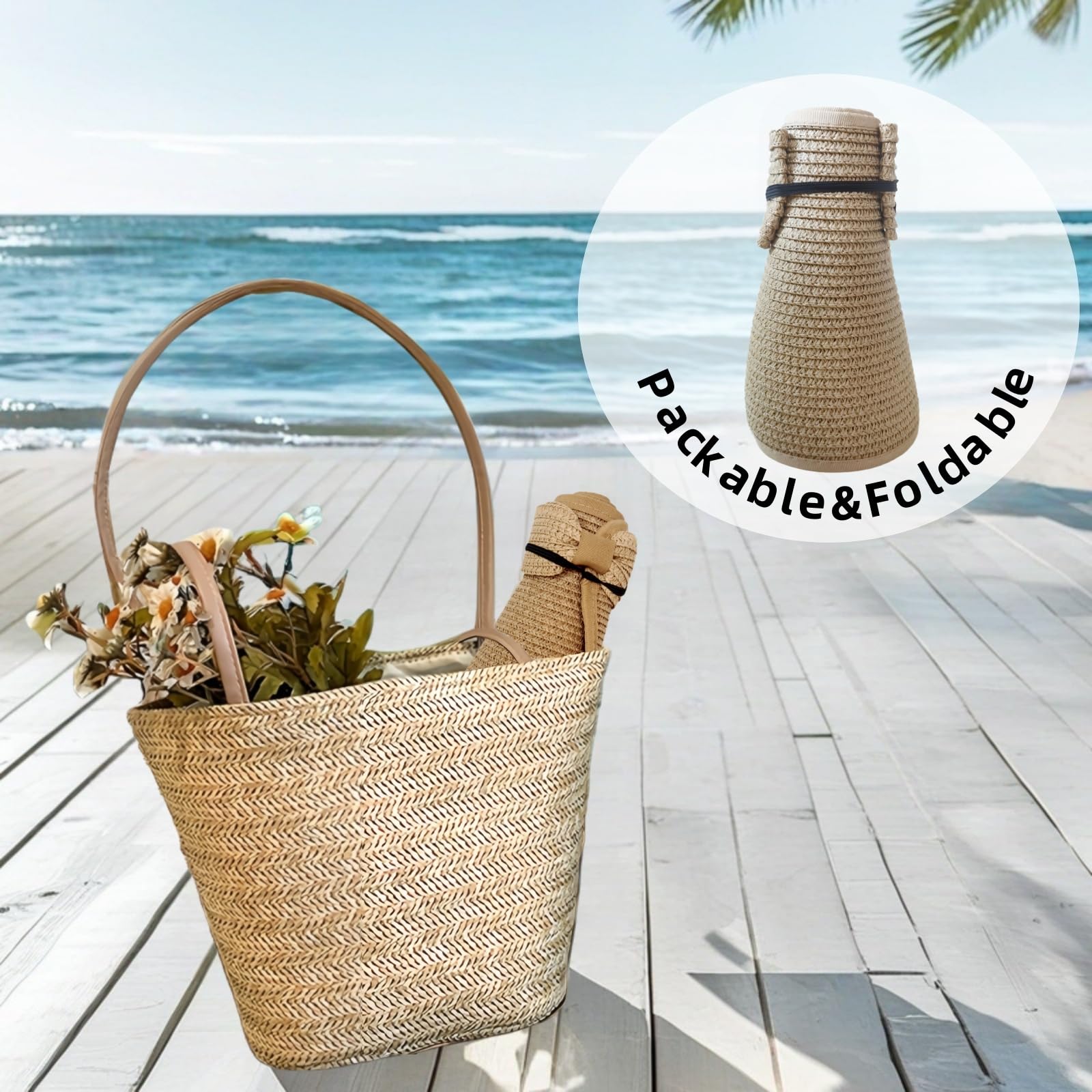 Sombreros de paja con visera solar para mujer, plegable, de ala ancha, flexible, para cola de caballo, playa, protección UV, esenciales para vacaciones, Caqui, Talla única 7