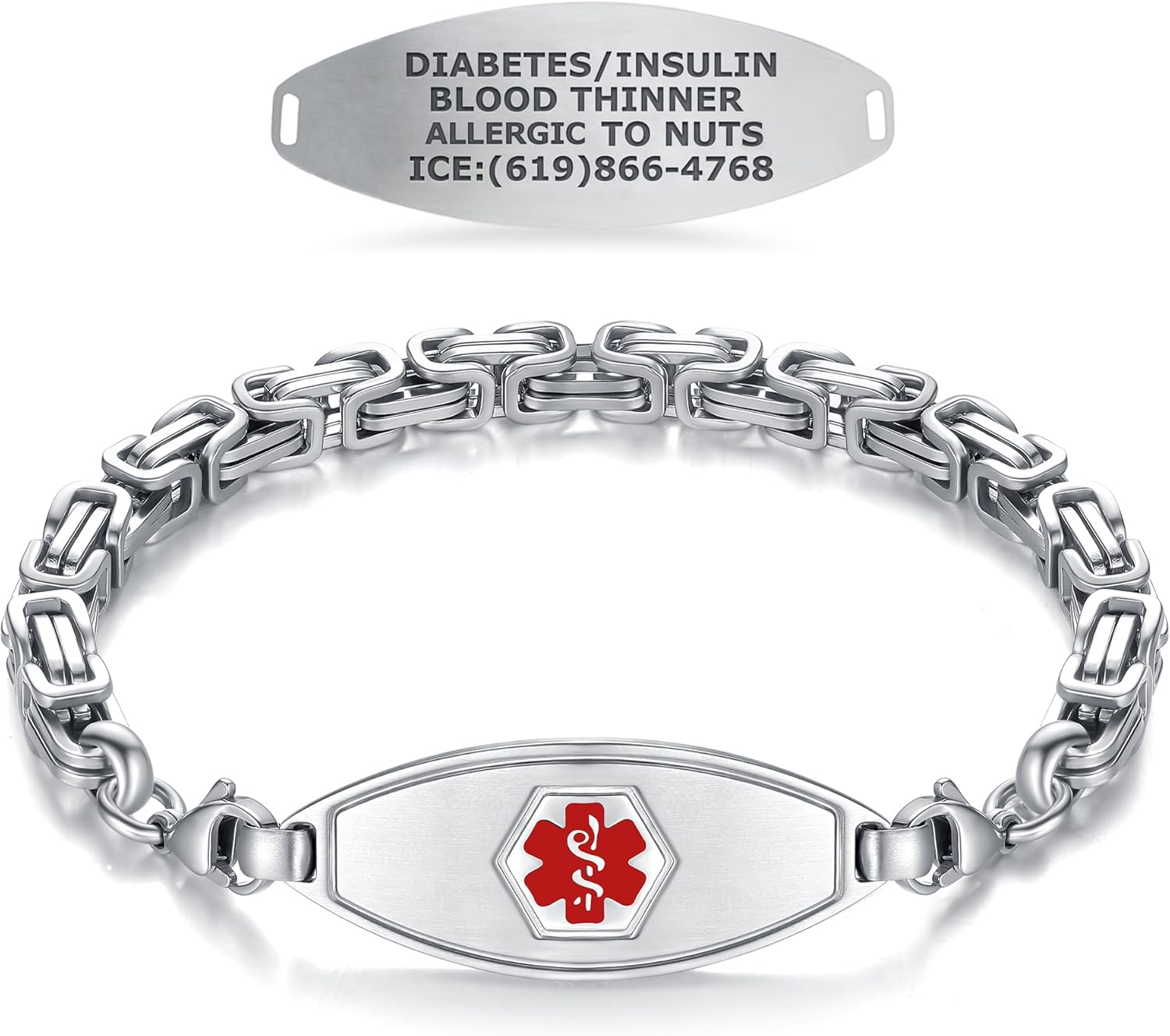Divoti Custom Engraved Medical Alert Bracelets for Men | Matte Steel Medical Bracelet | 4-Line Personalized Emergency ID | Cubic Byzantine Chain with Lobster Claw