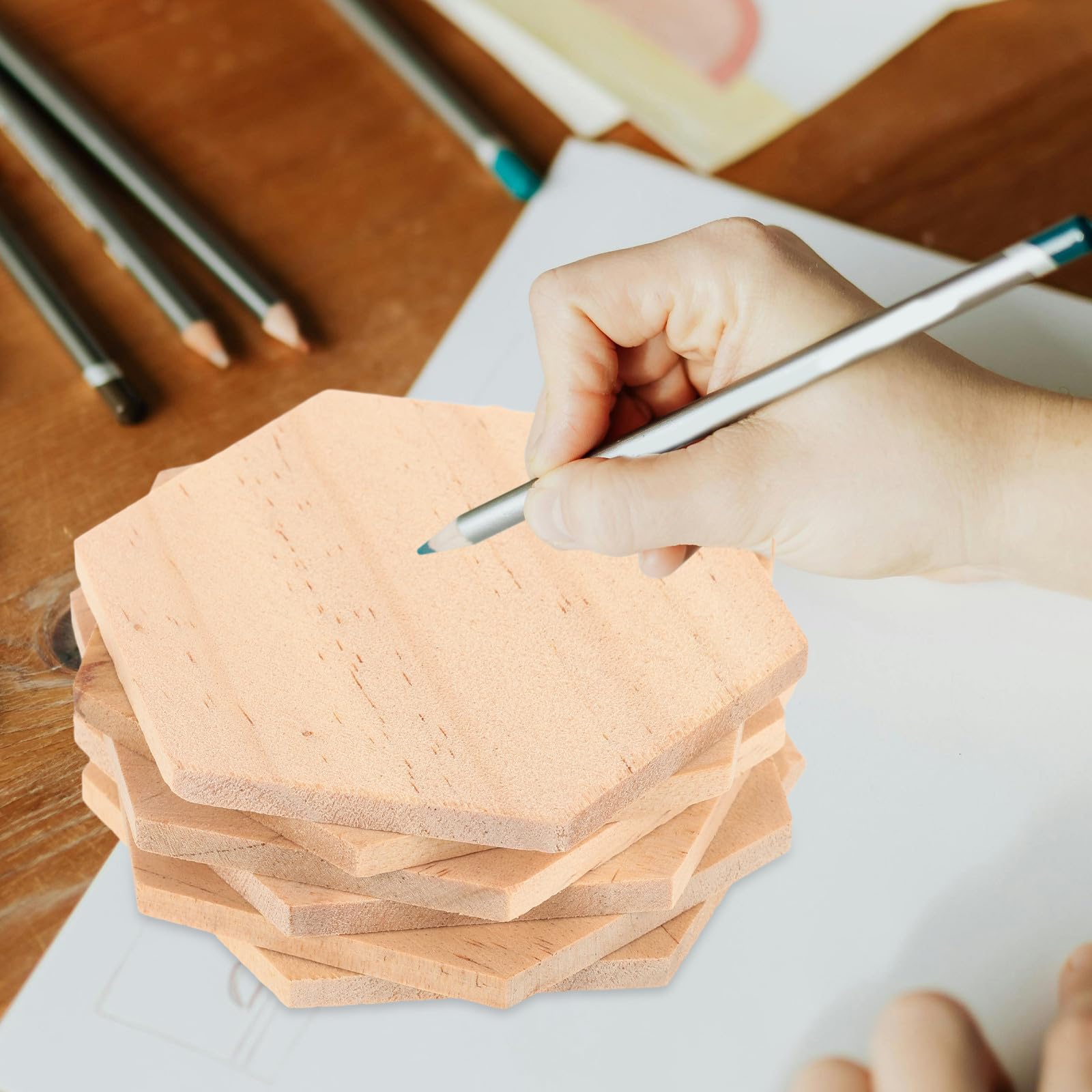 Zerodeko 25 Stück Holzscheiben Sechseckig für Hochzeiten und Deko, 3,54