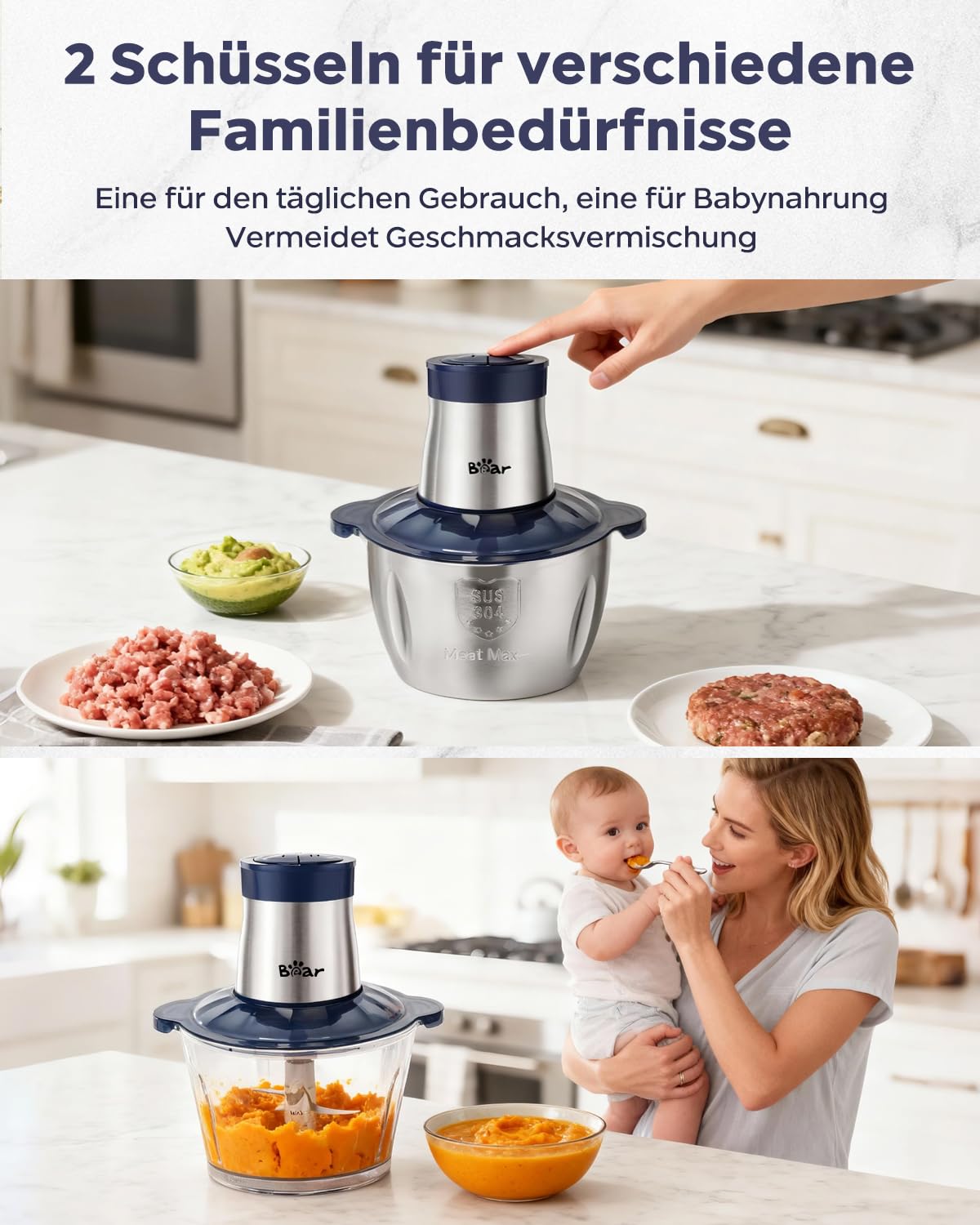 Bear 2L+1.8LFleischwölfe Zerkleinerer Elektrisch, Glas+Edelstahl，600W 2 Geschwindigkeit, Häcksler mit 4-Edelstahlklingen und Fleischwolf, Chopper für Fleisch,Babynahrung,Obst,Gemüse