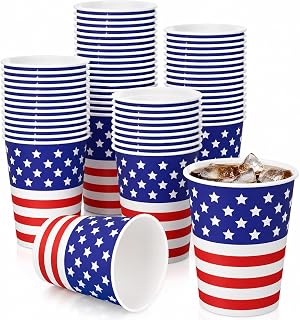 Patriotic American Flag Disposable Paper Cups, 6 oz, Patriotic Stars & Stripes Design, for Hot & Cold Drinks, Party, Picnic, BBQ, & Events (100)