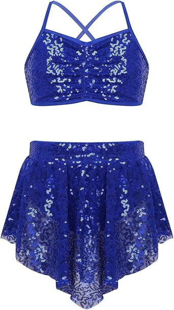iEFiEL Kids Girls 2 Pieces Sequins Lyrical Ballet Dance Dress Overlay Skirts Dancewear Outfit Dancing Costumes