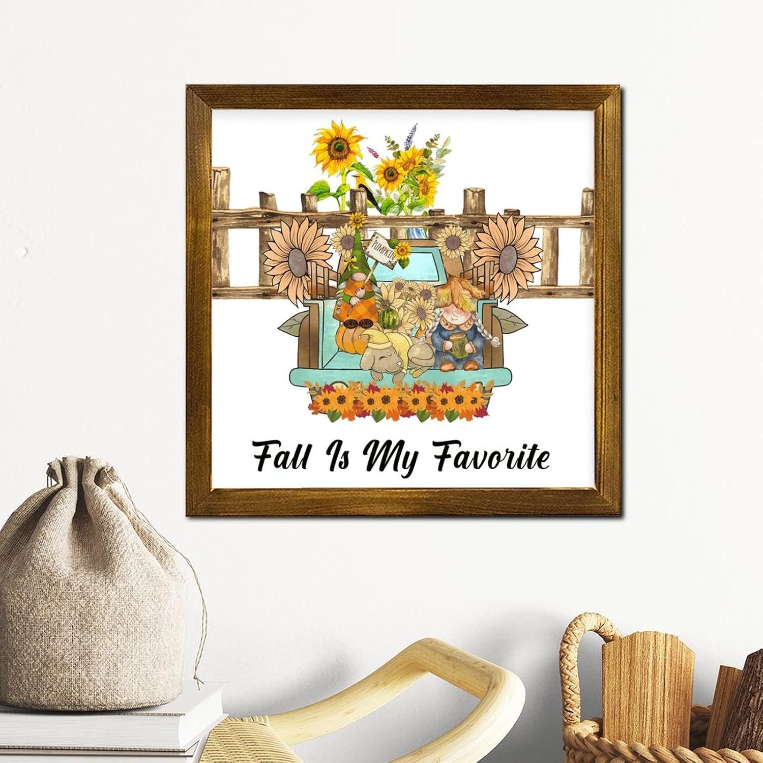 Fall is My Favorite Framed Wood Signs Gnome Pumpkin Sunflower Teal Truck Wood Plaque Sign Classic Autumn Harvest Home Wall Decoration for Grandpa Papa Dad Boyfriend Teacher 12x12 inch