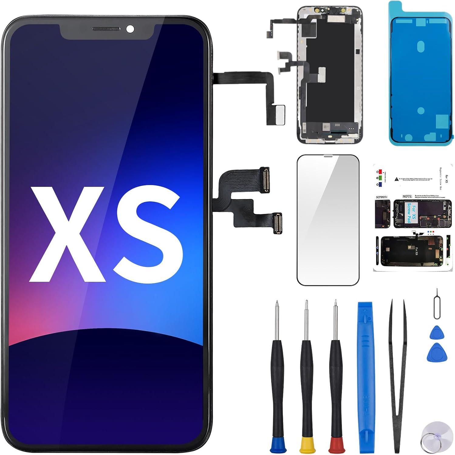for iPhone Xs Screen Replacement 5.8" with Ear Speaker Proximity Sensor LCD Display Digitizer Assembly 3D Touch Fix Tool Front Earpiece Magnetic Screw Mat Repair Kit A1920 A2097 A2098 A2100