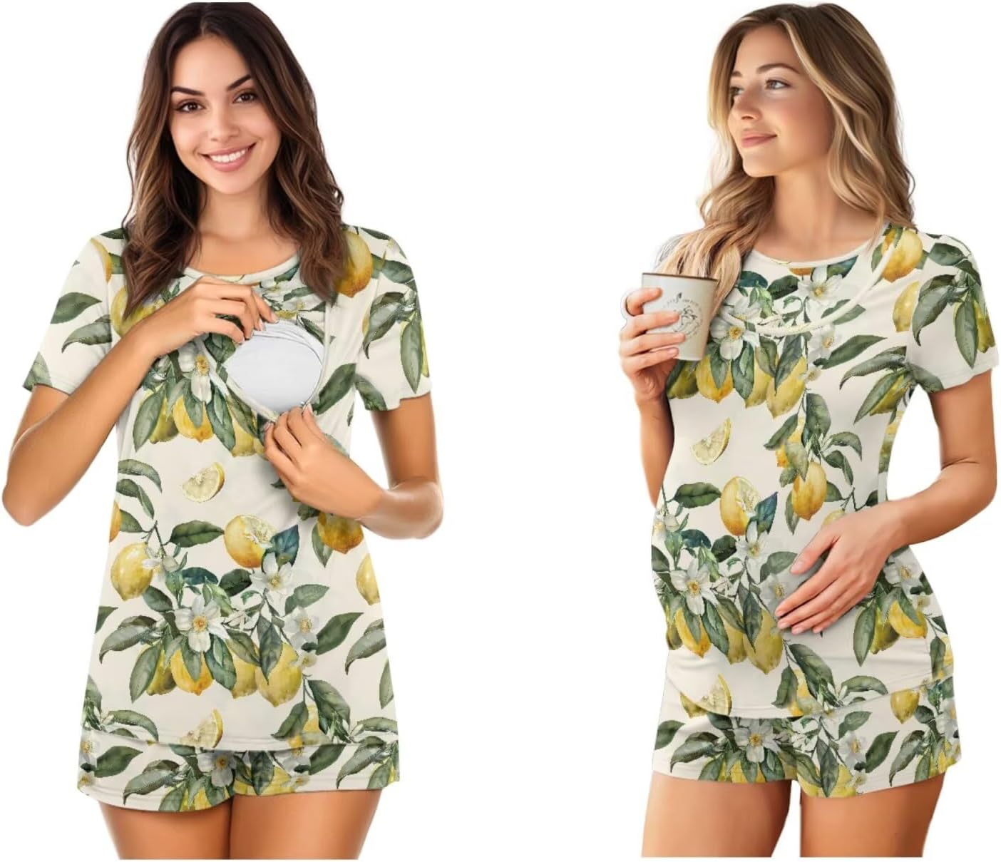 Womens Maternity Nursing Pajama Sets 2 Piece Postpartum Breastfeeding Sleepwear Short Sleeve Top & Maternity Shorts
