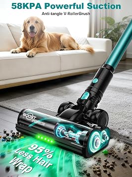 Cordless Vacuum Cleaner, 58Kpa 10 in 1 Vacuum Cleaners for Home, 55Mins Stick Vacuum with Self-Standing & LED Display, Anti-Tangle & Wall Mount Charging (Cyan)