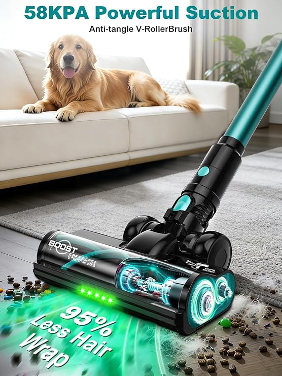 Cordless Vacuum Cleaner, 58Kpa 10 in 1 Vacuum Cleaners for Home, 55Mins Stick Vacuum with Self-Standing & LED Display, Anti-Tangle & Wall Mount Charging (Cyan)