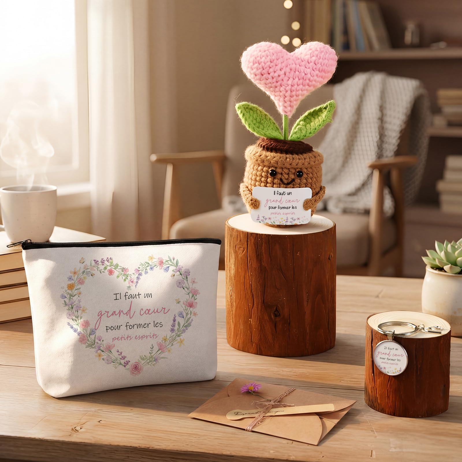 BBTO Cadeau Maitresse Idee Tricotée en Cœur Porte-Clés Trousse de Maquillag Carte de Vœux avec Fleur Séchée Cadeau Maitresse d'École Fin d'Année pour Anniversaire D’Enseignant (Professeur)
