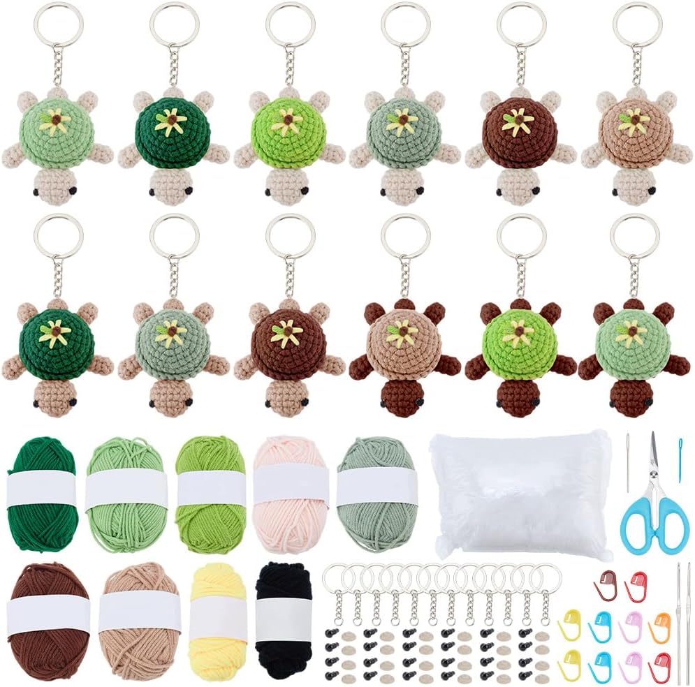 WEBEEDY 12 Sets DIY Turtle Crochet Keychain Kit for Adults Beginners, Animal Crochet Starter Kit with Video Tutorials, Yarn, Eye, Hook, DIY Knitting Supplies Christmas Handmade Craft Decor Gift