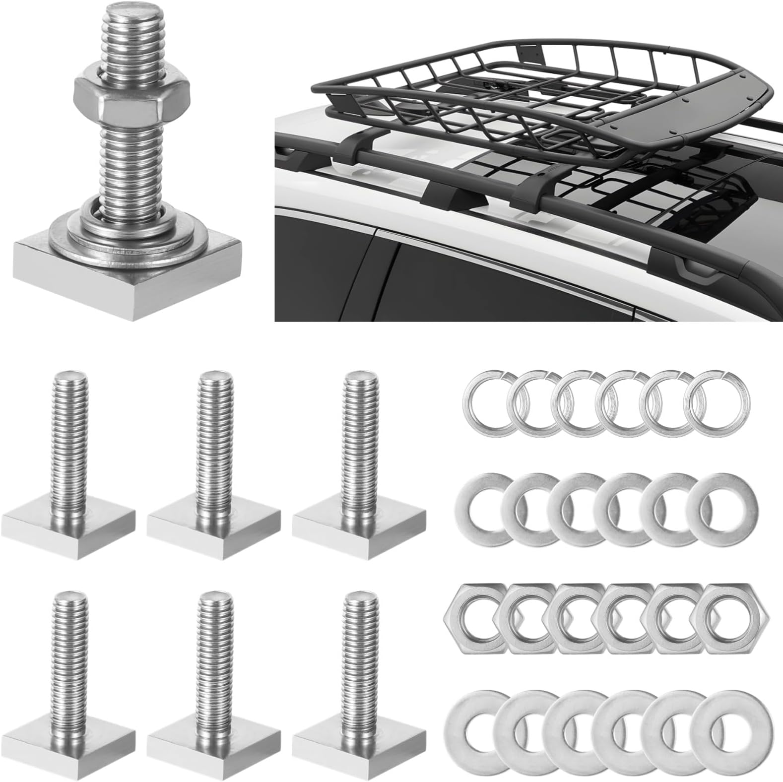 6 Pcs M8×30 mm T Slot Bolts, Four Square Head T-Bolts, 1.18 in Stainless Steel T-Track Bolt Adapters with Washers & Nuts for Bike Kayak Racks and Roof Rack Cross Bars