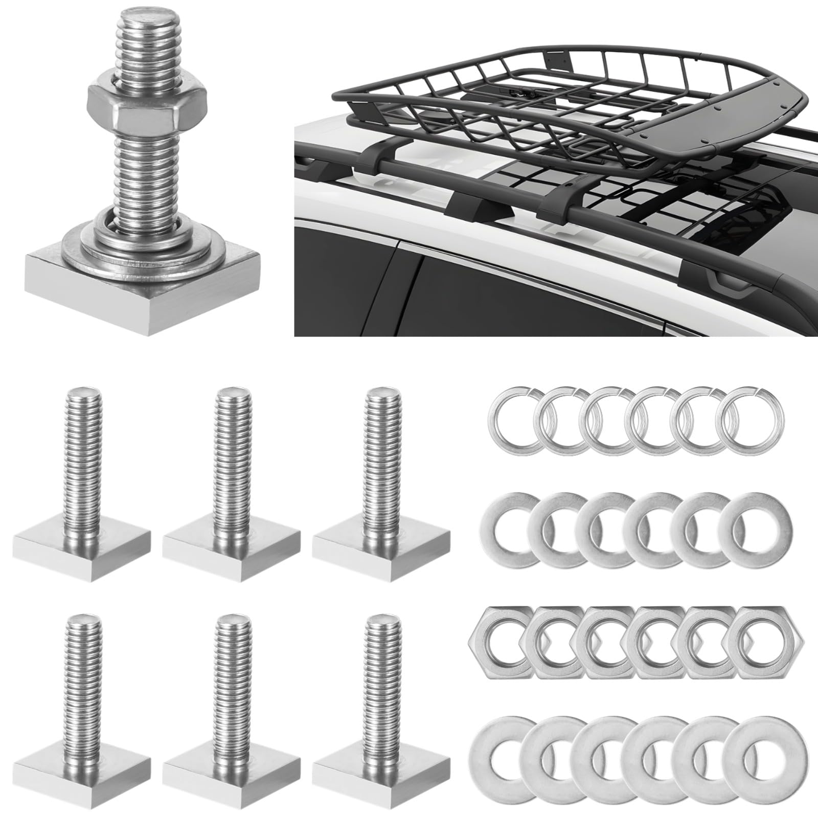 6 Pcs M8×30 mm T Slot Bolts, Four Square Head T-Bolts, 1.18 in Stainless Steel T-Track Bolt Adapters with Washers & Nuts for Bike Kayak Racks and Roof Rack Cross Bars