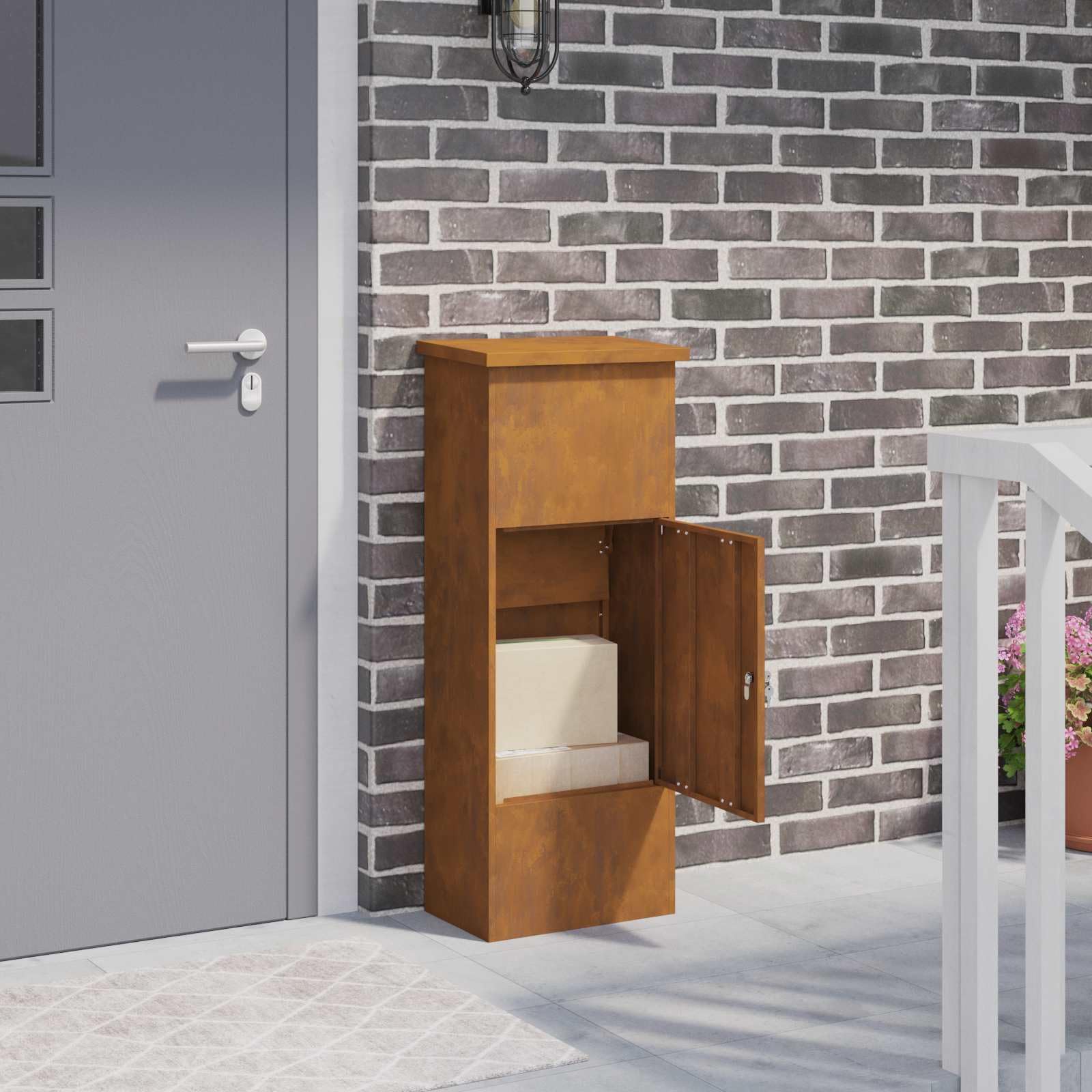 Pudełko na paczki, rdzawe ze stali odpornej na warunki atmosferyczne, wymiary 44,5 x 29 x 110,5 cm, zamykane, odporne na warunki atmosferyczne, do użytku na zewnątrz, nowoczesne wzornictwo