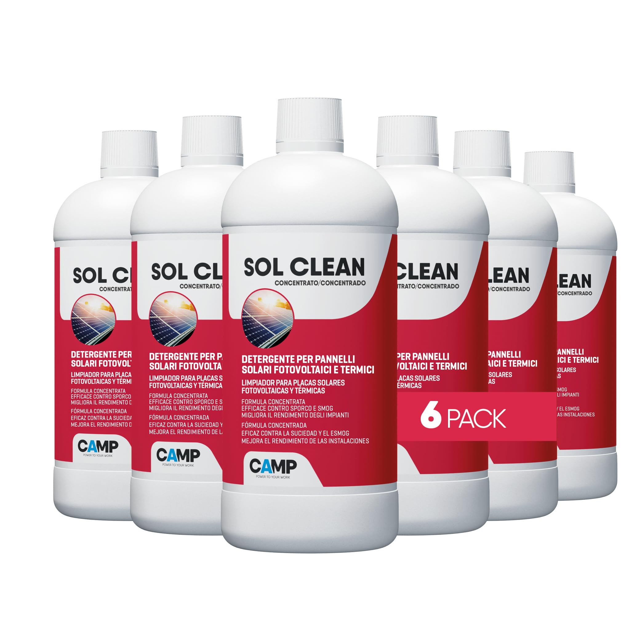CAMP Sol Clean Concentrato - Detergente per Pannelli Solari, Pulizia Pannelli Fotovoltaici ad Asciugatura Rapida - Rimuove Sporco, Polveri, Smog e Calcare e Migliora il Rendimento Energetico, 6x1L