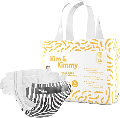 Kim & Kimmy Pañales ecológicos, talla 6, 33-44 libras, 38 pañales Protección contra fugas de 12 horas, sin erupciones, hipoalergénico, ultrasuave y