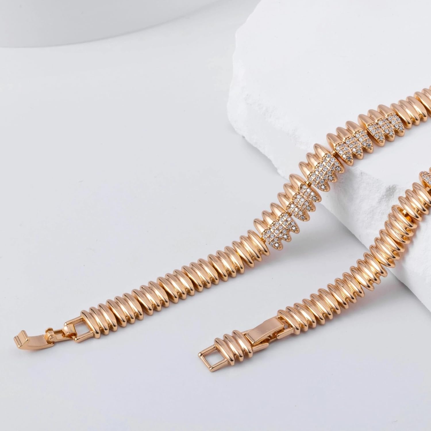 Rose Gold Plated Bullet Link Bracelet for Women – CZ Accent, Copper Base & Nickel-Free, Adjustable 17/19cm with Detachable Link, Luxury Statement Jewelry Gift - Image 4