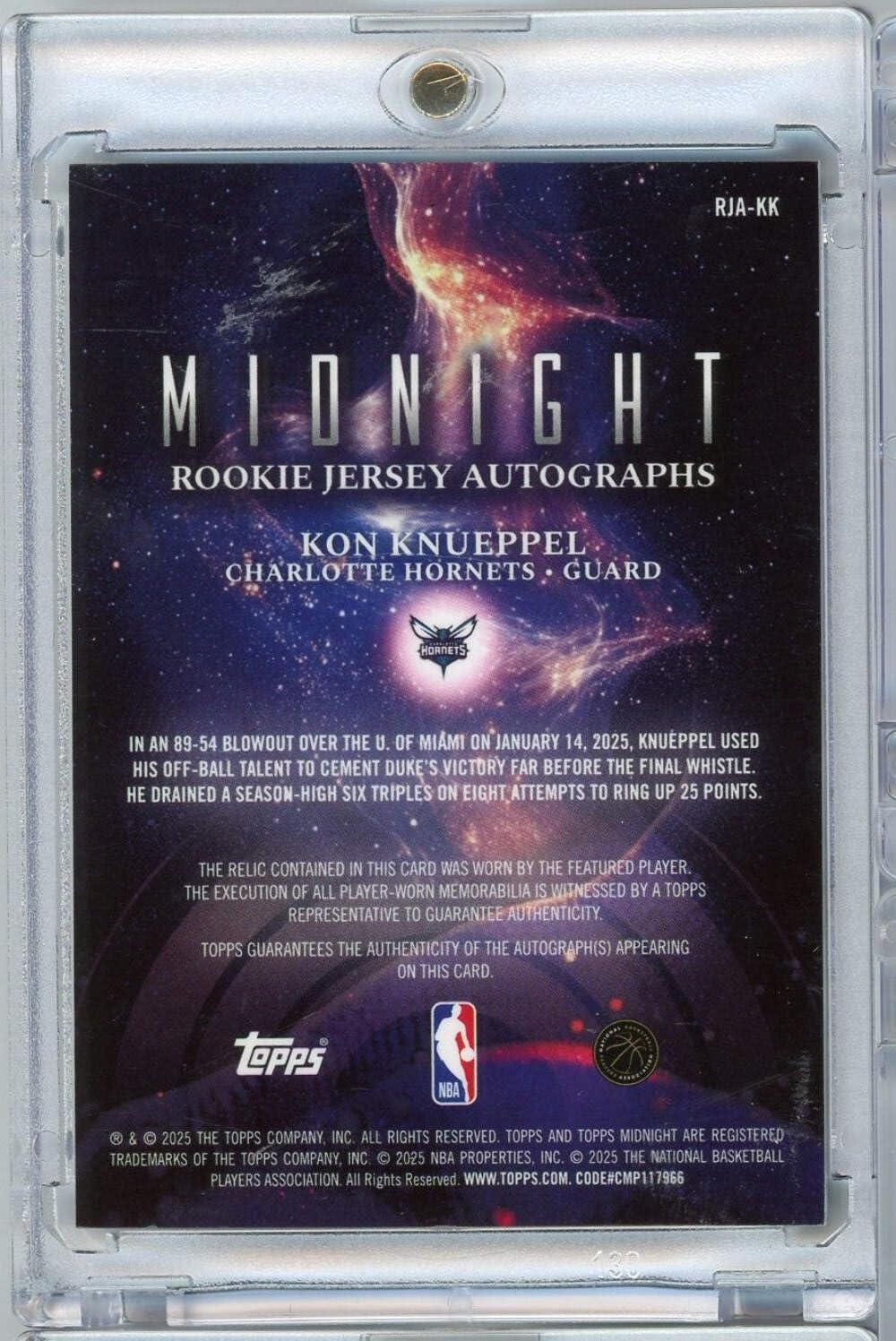 2025 Topps Midnight Kon Knueppel #RJAKK Rookie Jersey Autographs /75 Charlotte Hornets Rookie RC Basketball Card