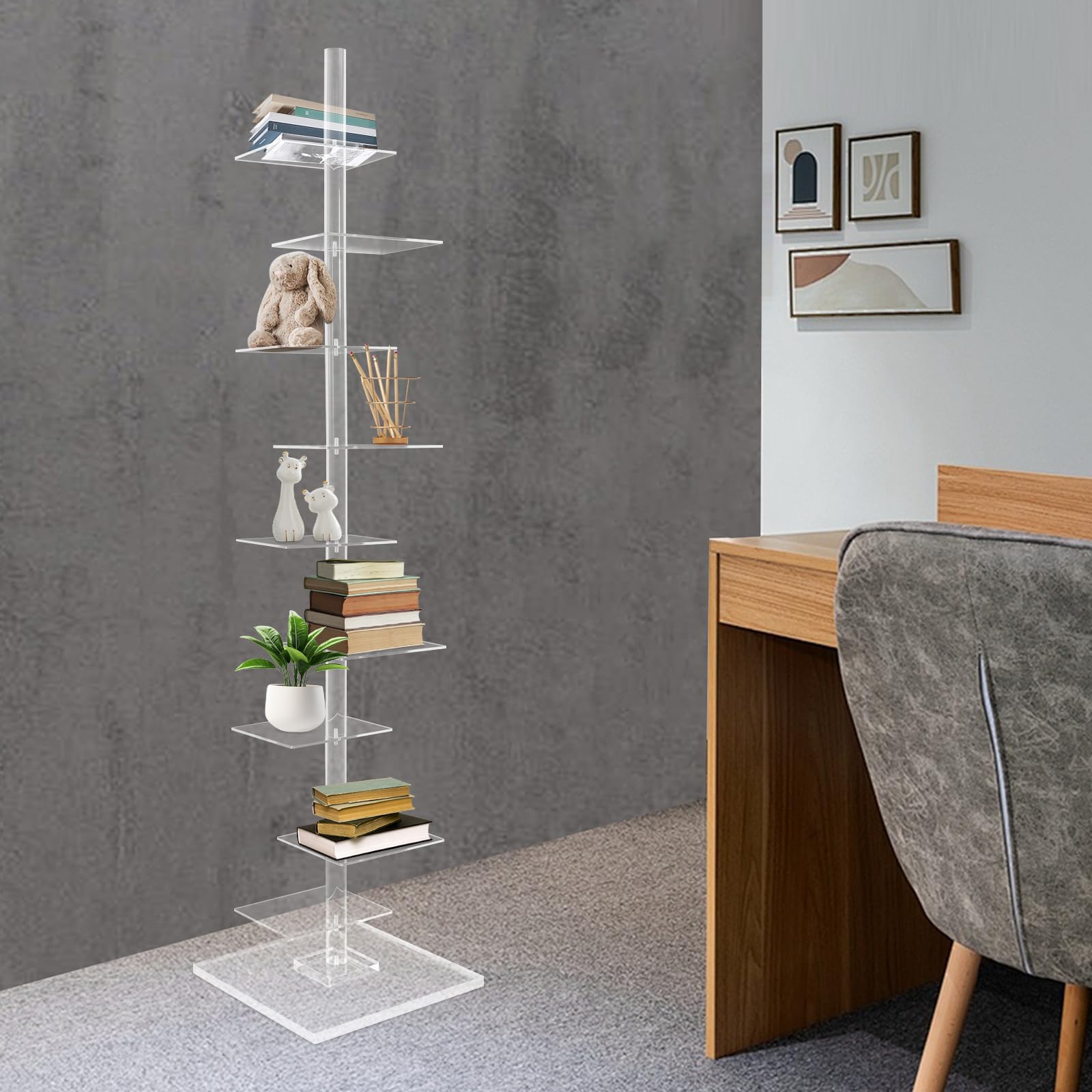 Estantería de pie de acrílico transparente, de 9 pisos, ajustable, vertical, transparente, estrecha, para sala de estar, dormitorio, oficina, hogares