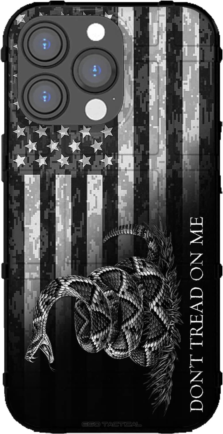 EGO TACTICAL Limited Edition Rugged Shield case Compatible with iPhone 16 Pro [6.3" Screen] Printed in The USA Don't Tread on Me Flag Black Camo Flag Rev