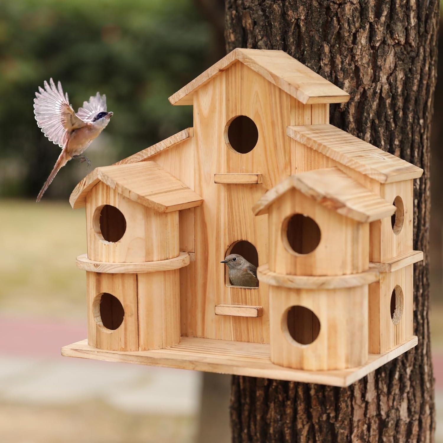 Bird House for Outside, Wooden 10 Hole Bird House for Multiple Birds, Hanging Birdhouse Nesting Box for Wren Finch Chickadee Bluebird, Decorative Garden Bird Hotel