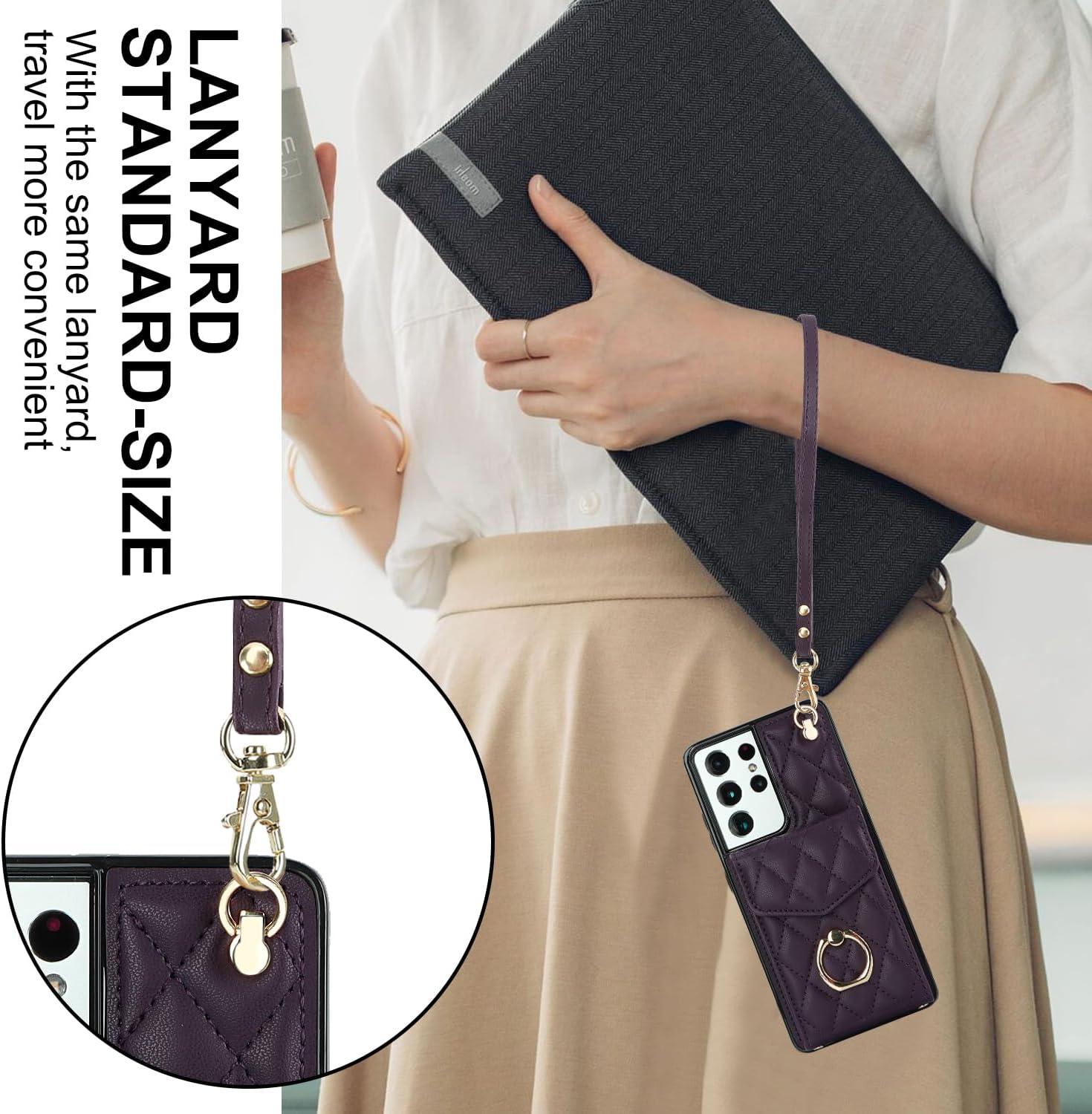 Phone Case for Samsung Galaxy S21 Ultra 5G Wallet Cover with Tempered Glass Screen Protector Wrist Strap Ring Stand RFID Blocking Card Holder Cell S21ultra 21S S 21 21ultra G5 Women Girls Dark Purple