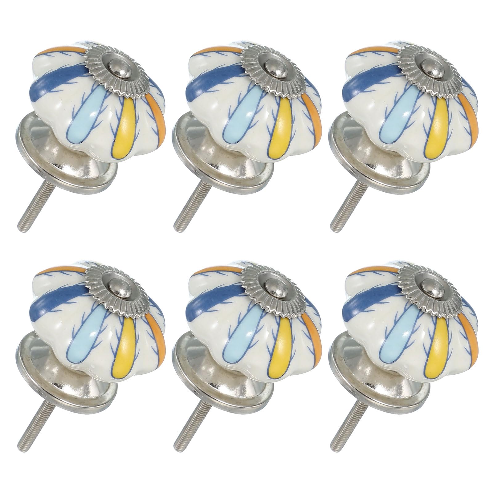 Boutons de tiroir en céramique citrouille au design rétro orange jaune et bleu avec vis x6
