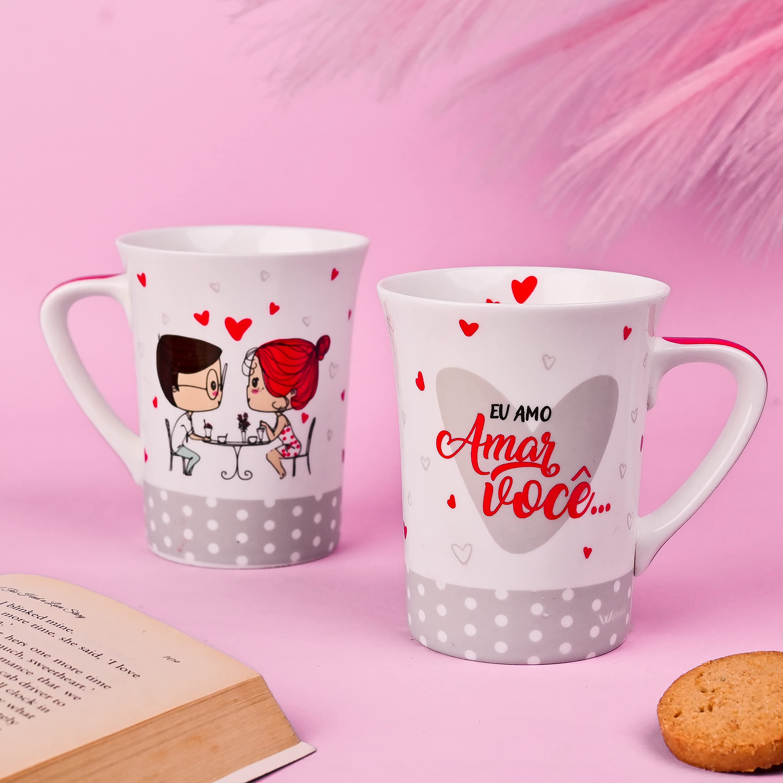 Anwaliya Print Series Bone China Milk n Coffee Mugs, 2 Pieces, Grand Amore, 350 ML