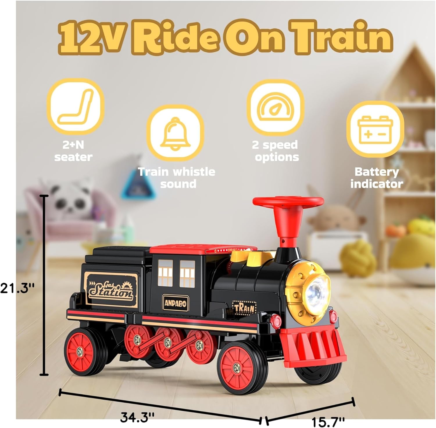 Diagram showing the dimensions of the ANPABO Ride On Train: 34.3 inches length, 15.7 inches width, 21.3 inches height
