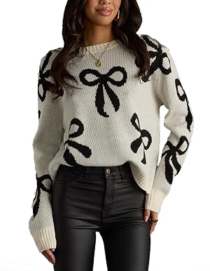 Franhais Womens Y2k Knit Sweater Bow Print Valentines Day Pullover Top Long Sleeve Crewneck Casual Loose Sweater Knitwear