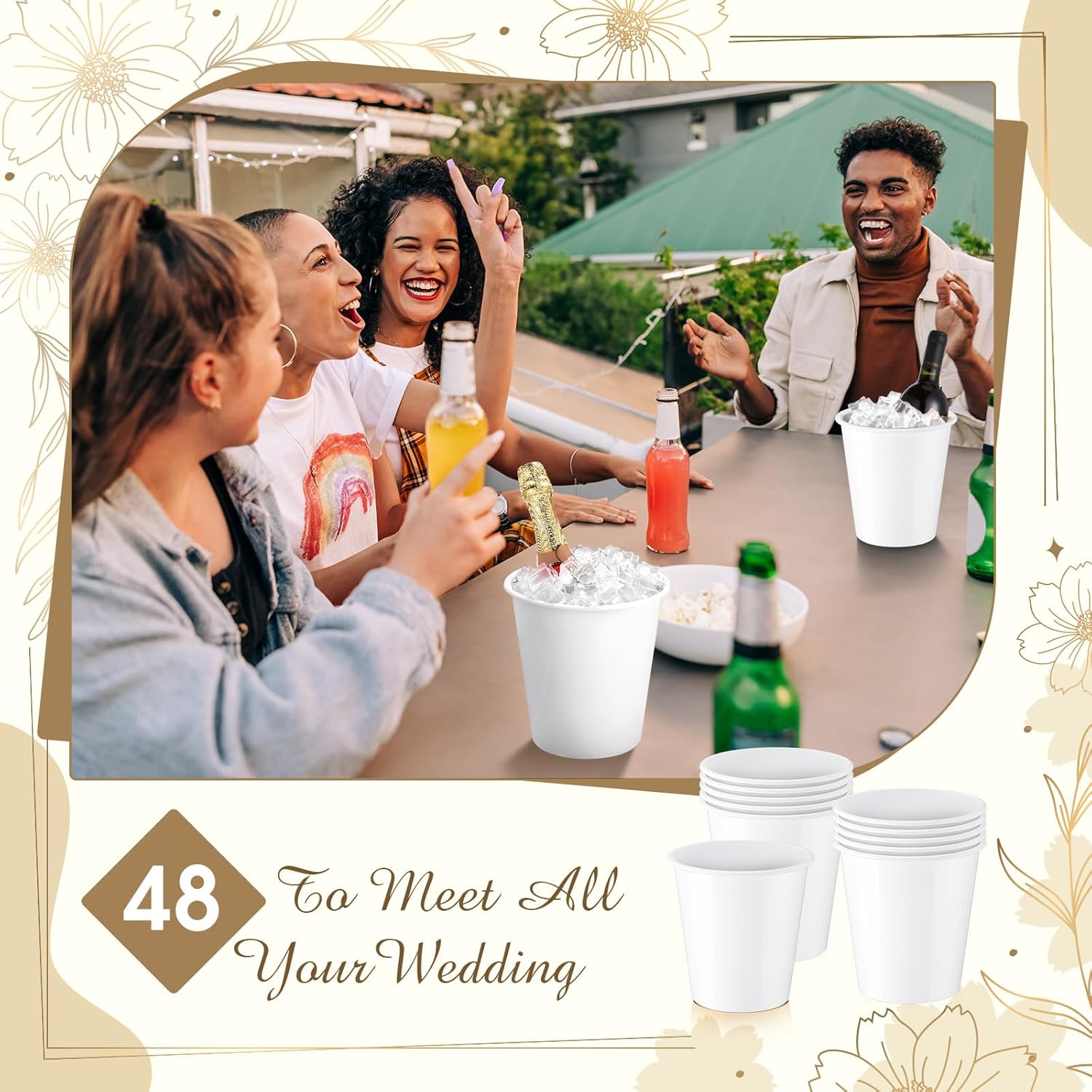 Layhit 48 Pcs Plastic Ice Buckets for Parties 3 Liters Wine Bucket Portable Ice Holder Disposable Wine Cooler for Party Wedding Party Beverages Champagne Soda and Beer (White)
