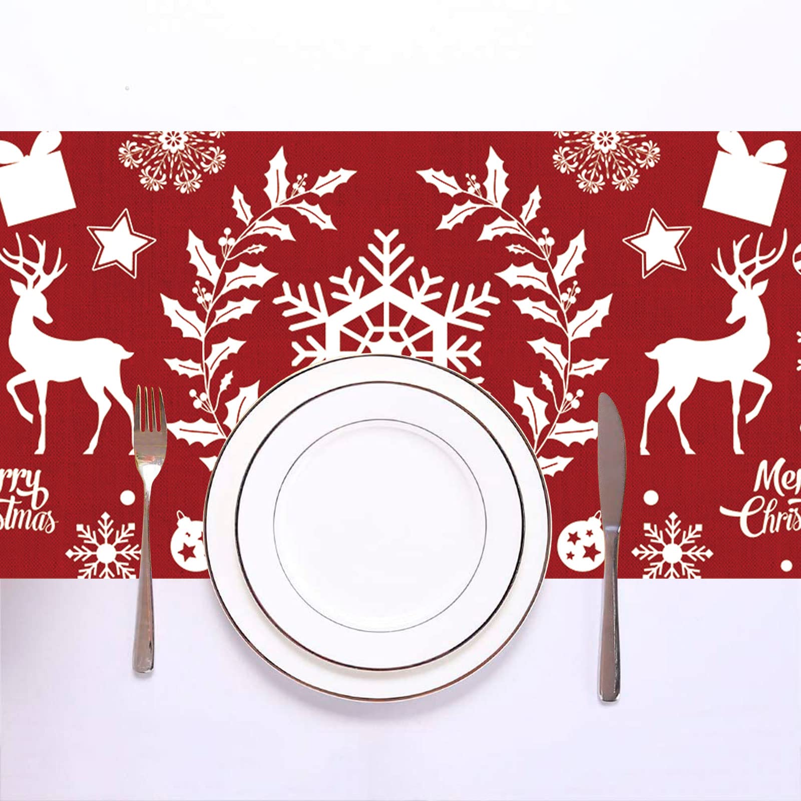Red Christmas Table Runner, 13 x 72 Inch Xmas White Rentier Wreath Snowflake Pattern Table Runner - Image 3