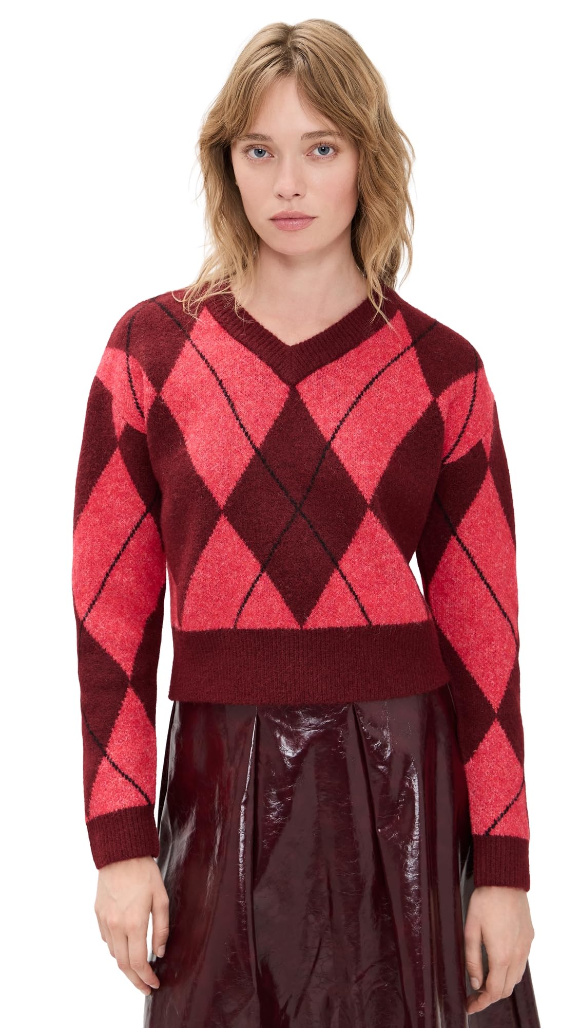 LE BOP Womens Rae Arglye V Neck Sweater