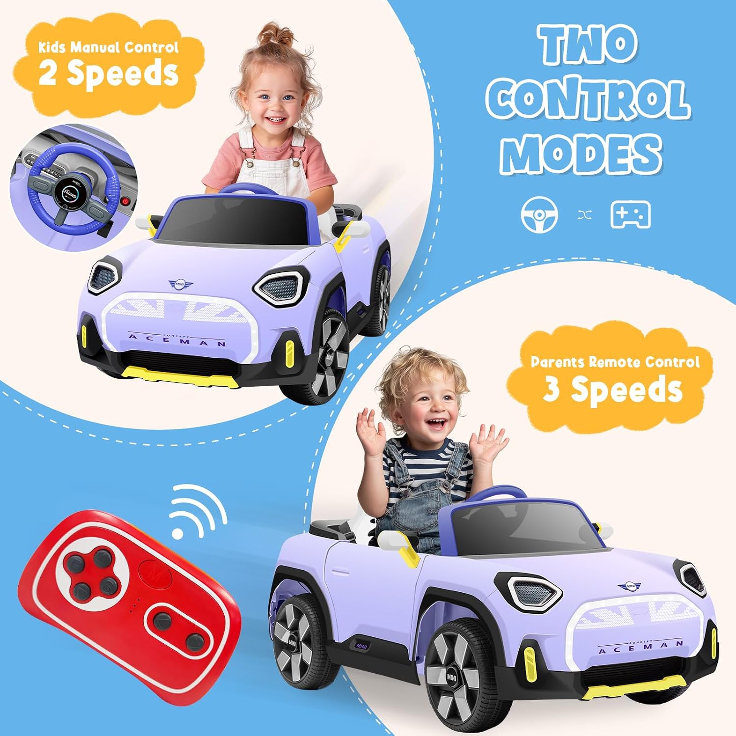XCAR 12V Kids Electric Car, Power Wheels with Remote Control, Ride on Car Toys with LED Light, 3 Speeds, Purple