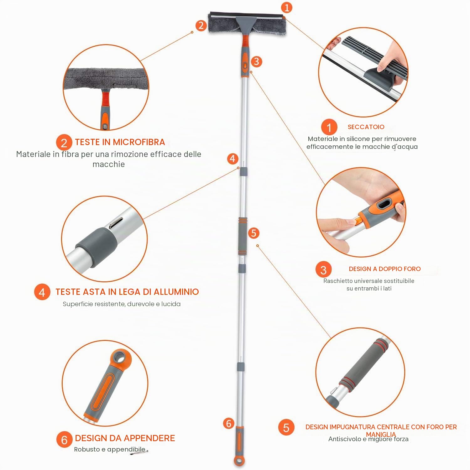 lavavetri professionale 2 in 1, con asta di prolunga, sistema di lavaggio per finestre, con testa pieghevole, strumento per la pulizia di finestre alte, per interni ed esterni