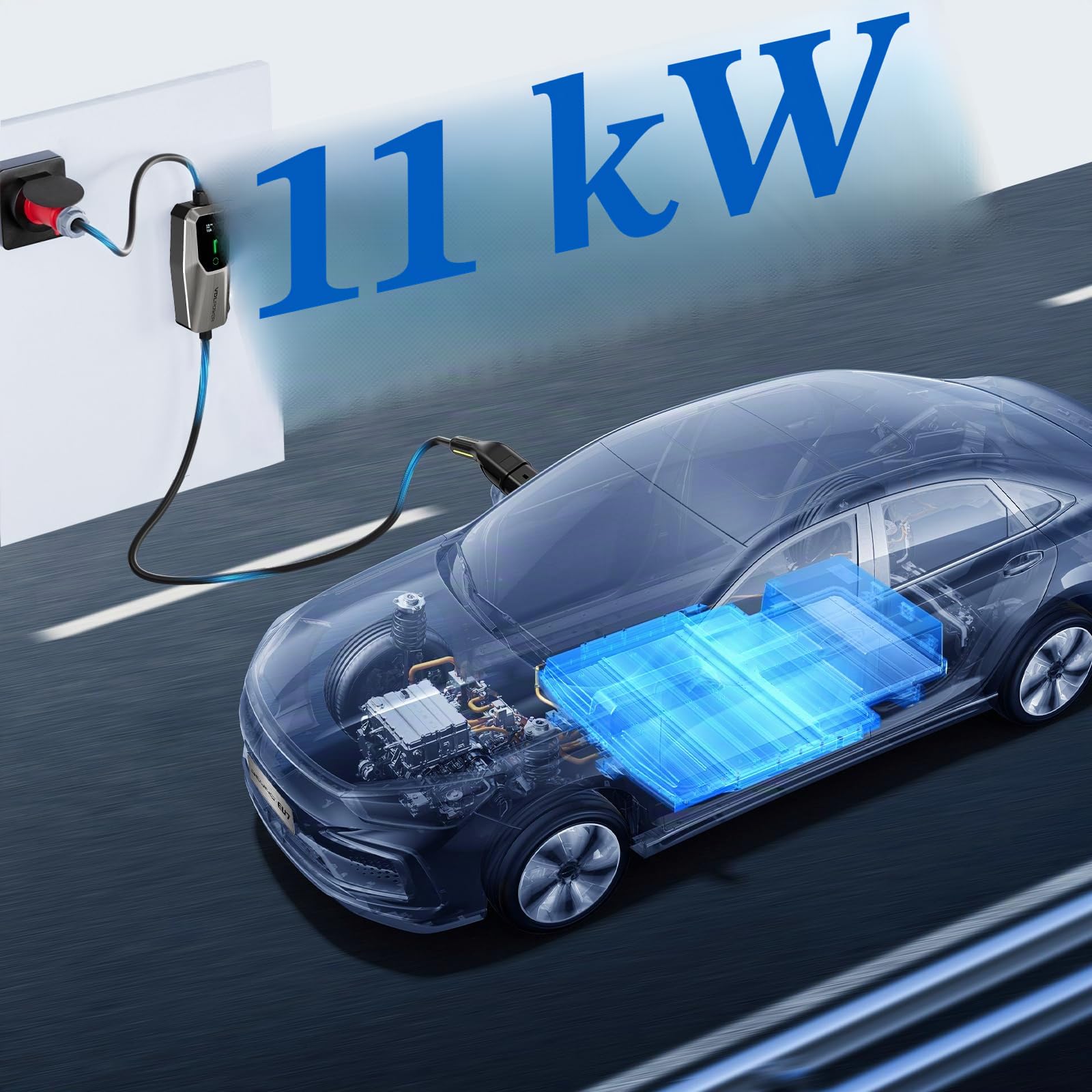Chargeur Voiture Électrique 11kW Triphasé Type 2 Prise CEE (5 Broches) EV Chargeur Station de Charge Mobile Wallbox Ajustable 6-16A 5 Mètre, Câble de Charge Compatible avec EV PHEV