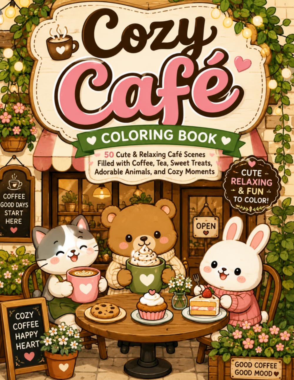 Cozy Café Coloring Book: 50 Cute & Relaxing Café Scenes Filled with Coffee, Tea, Sweet Treats, Adorable Animals, and Cozy Moments