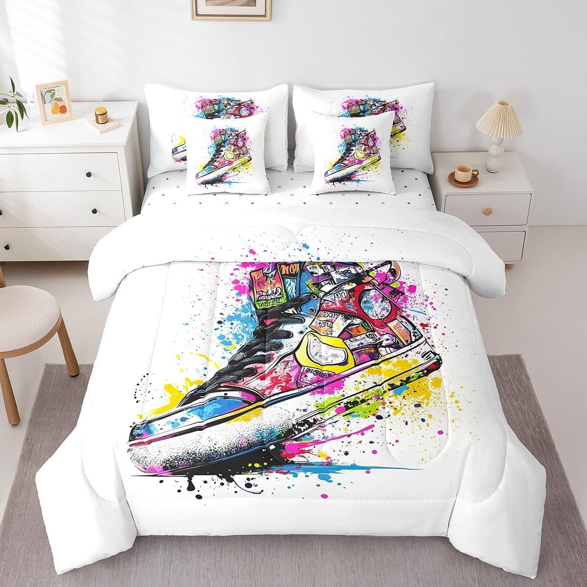 Feelyou Basketball Shoes Kids Comforter Set 7pcs, Cool Retro Sneaker Bed Set Twin for Boys Girl, Graffiti Shoes Bedding with 1 Comforter,1 Fitted Sheet,1 Flat Sheet,2 Pillowcases,2 Throw Pillow Cover