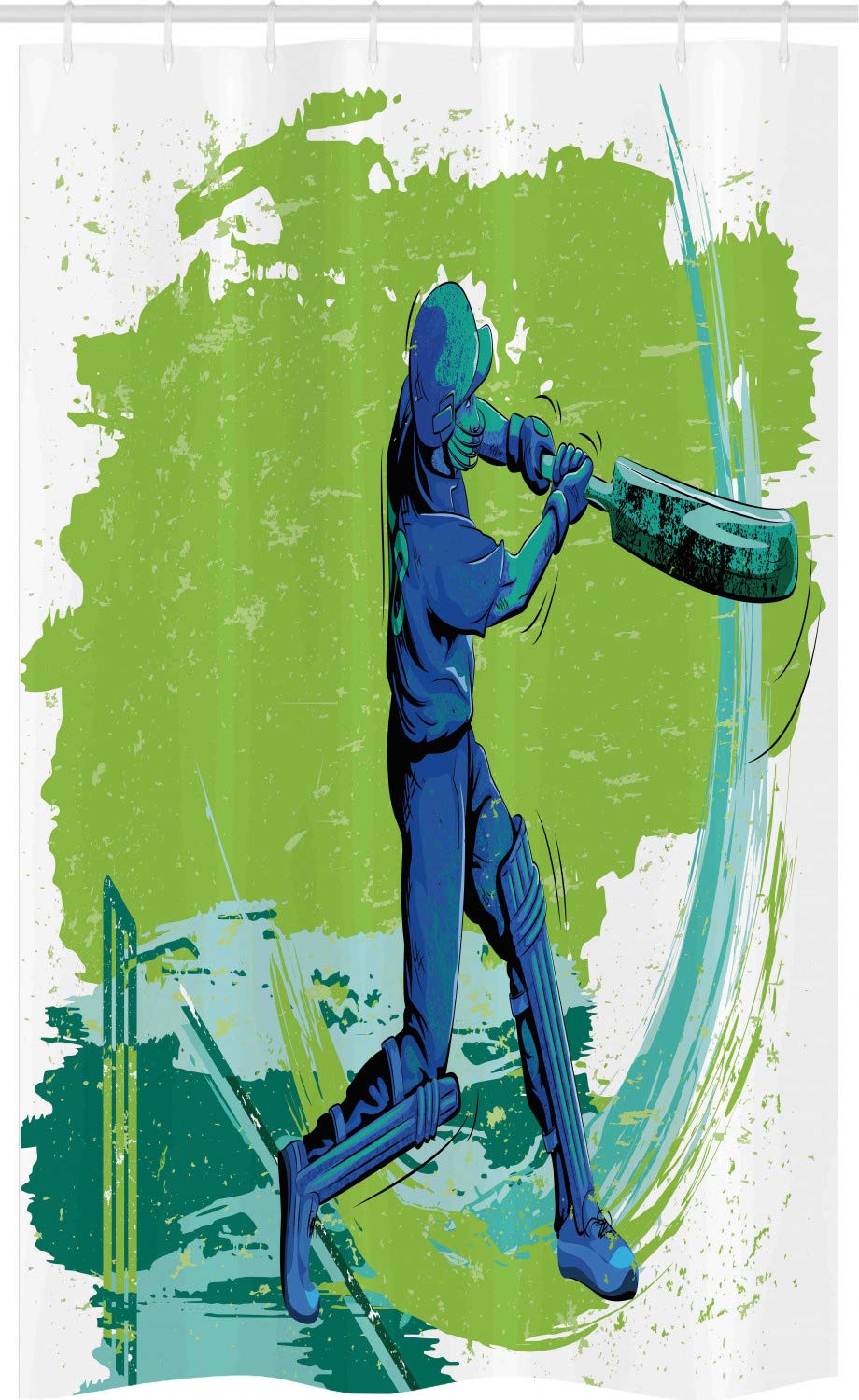 ABAKUHAUS Sports Stall Shower Curtain, Cricket Player Pitching, Fabric Bathroom Decor Set with Hooks, 47" x 70", Lime Green Turquoise