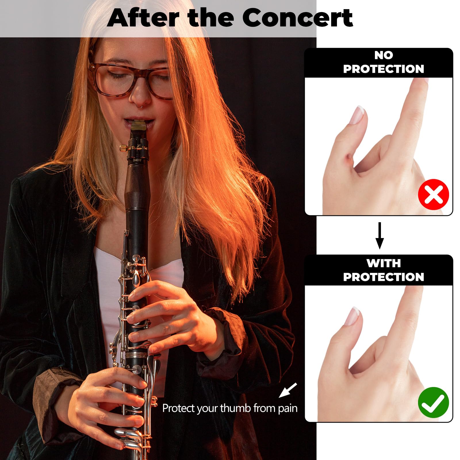 Paquete de 12 protectores de goma para clarinete de pulgar para clarinete, oboe, protector de pulgar para instrumentos musicales, accesorios para la mayoría de clarinetes (negro)