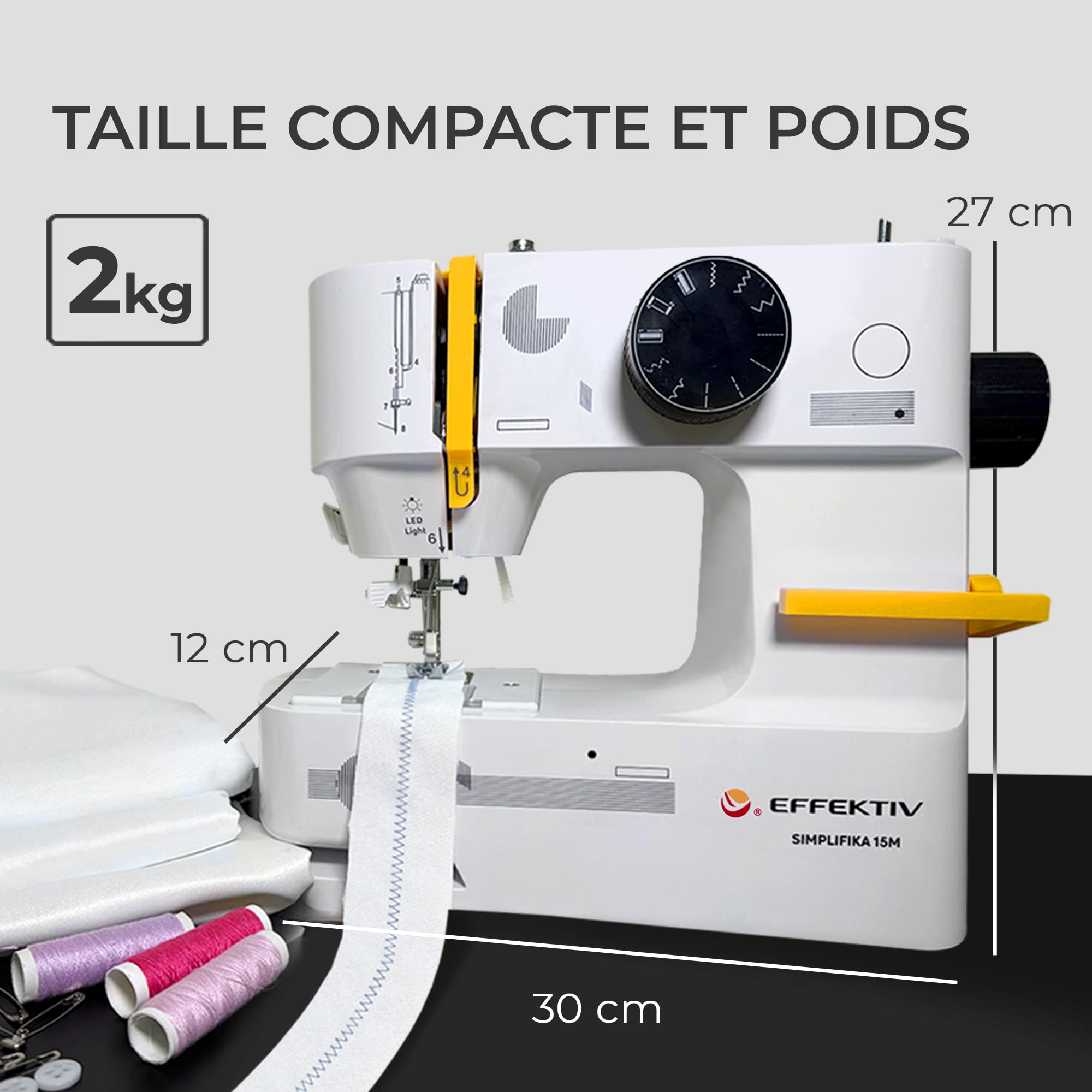 EFFEKTIV Machine à coudre électrique 15 points avec navette horizontale, facile à utiliser pour les débutants, pour la couture domestique, pour tissus épais et fins, table extensible compacte