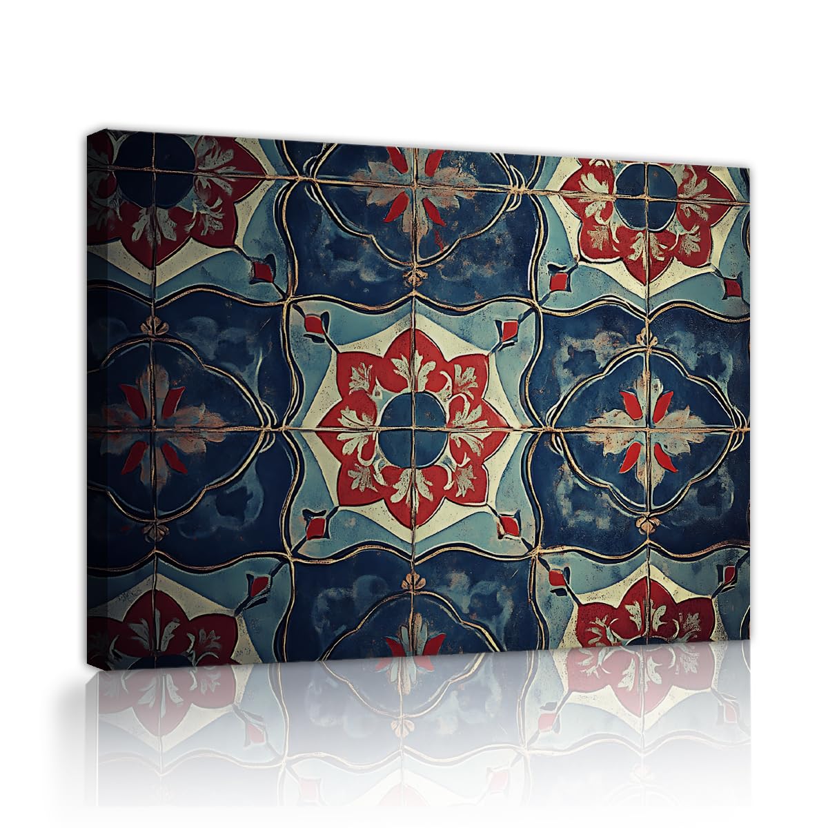 Tableau sur toile fleurs bleu ethnique et rouge d'exception 45x60cm - 8
