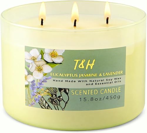 Vela perfumada de eucalipto y jazmín y lavanda, velas de soja grandes de 3 mechas para el hogar de 15.8 onzas, vela relajante de aromaterapia de
