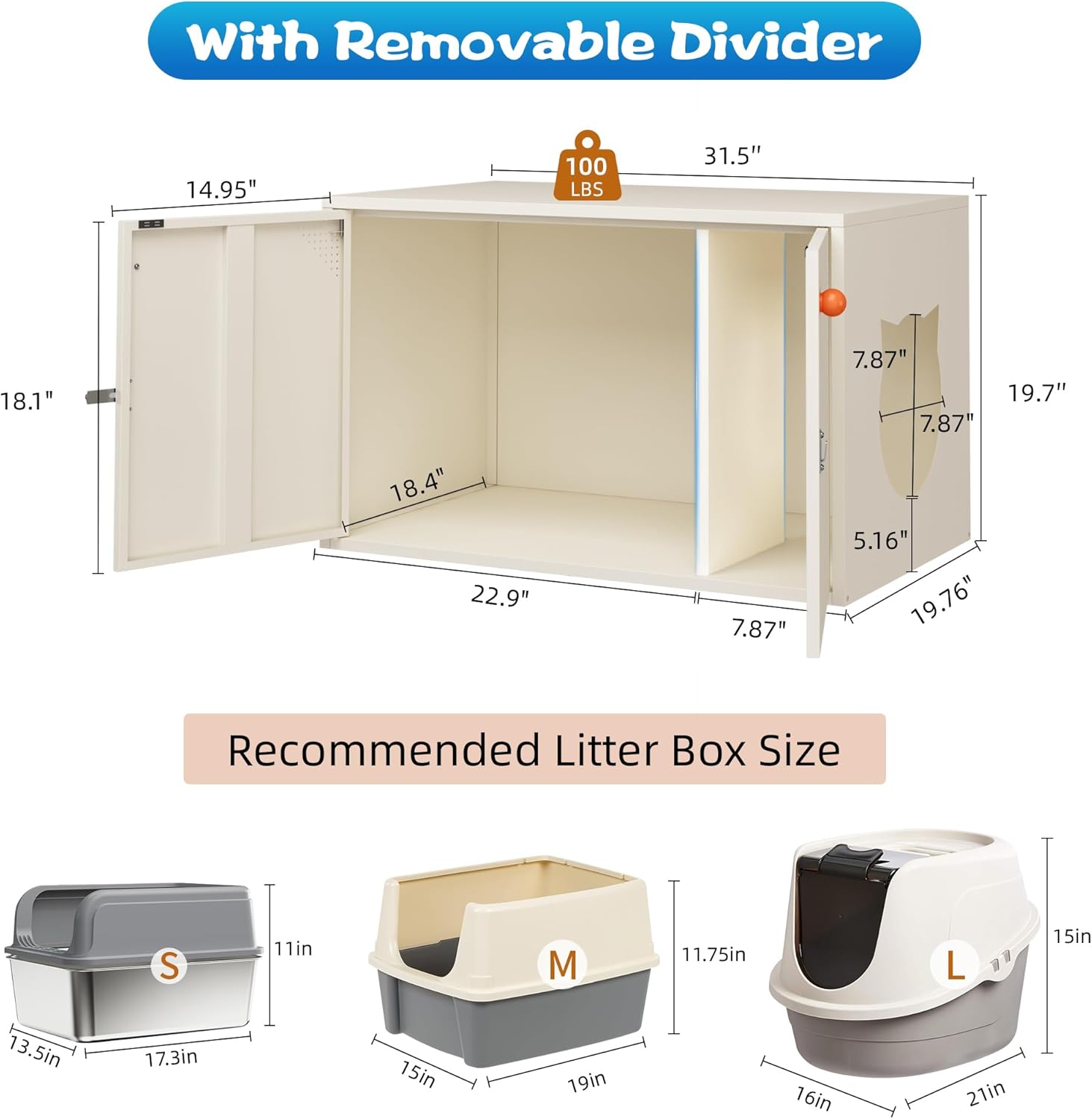 Cat Litter Box Enclosure, Hidden Litter Box Furniture with Removable Divider, Decorative Litter Box Cabinet, Cat Washroom Fit Most of Litter Box
