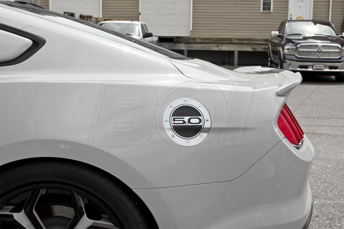 2015-2023 Mustang Silver & Black Fuel Door - 5.0 Logo