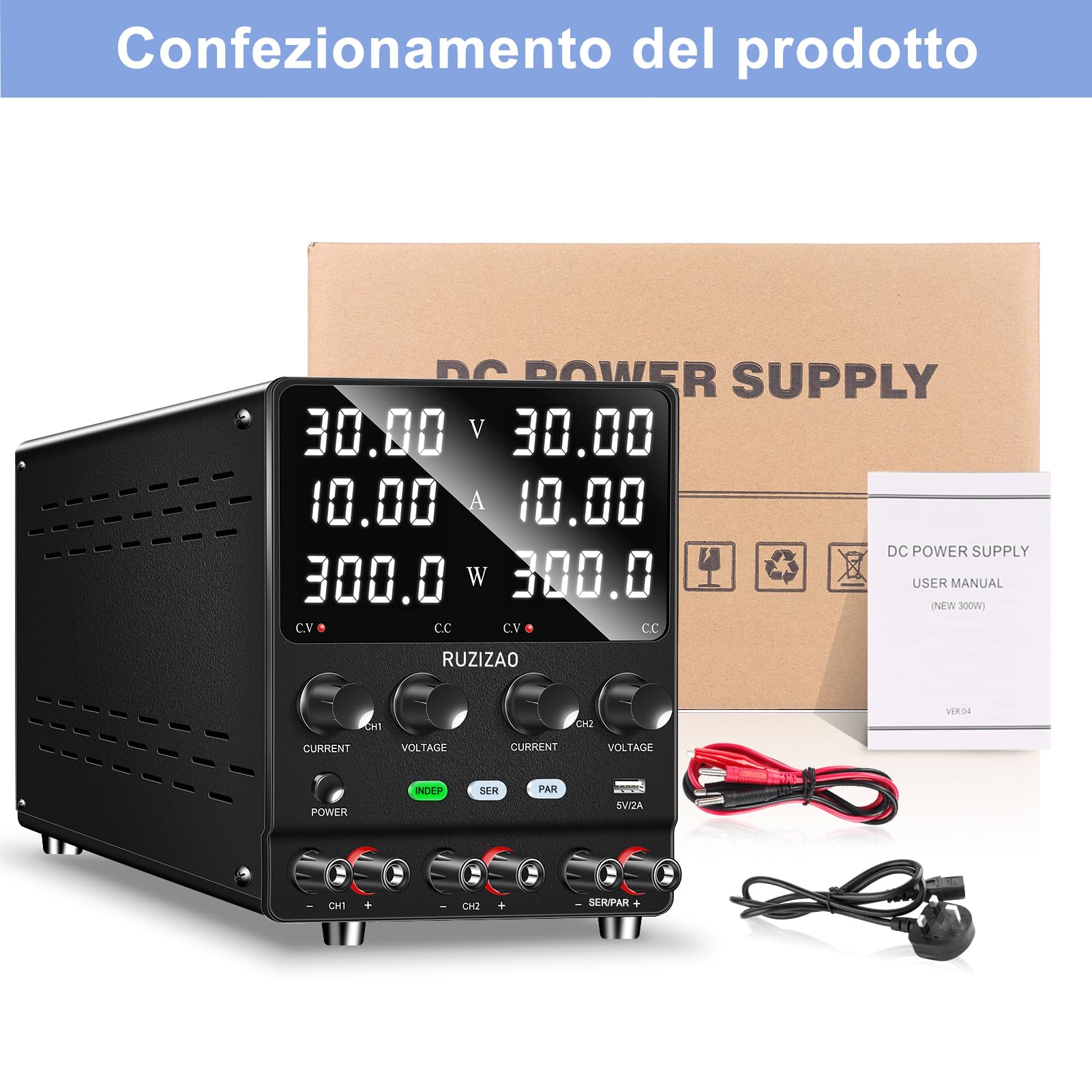 Alimentatore da Banco 30V 10A 300W Doppio Alimentatore Corrente Continua Alimentatore Laboratorio 60V10A/30V20A Regolabile in Serie/in Parallelo con 4 in 1 Doppio 0-30V 0-10A, Manopola Encoder