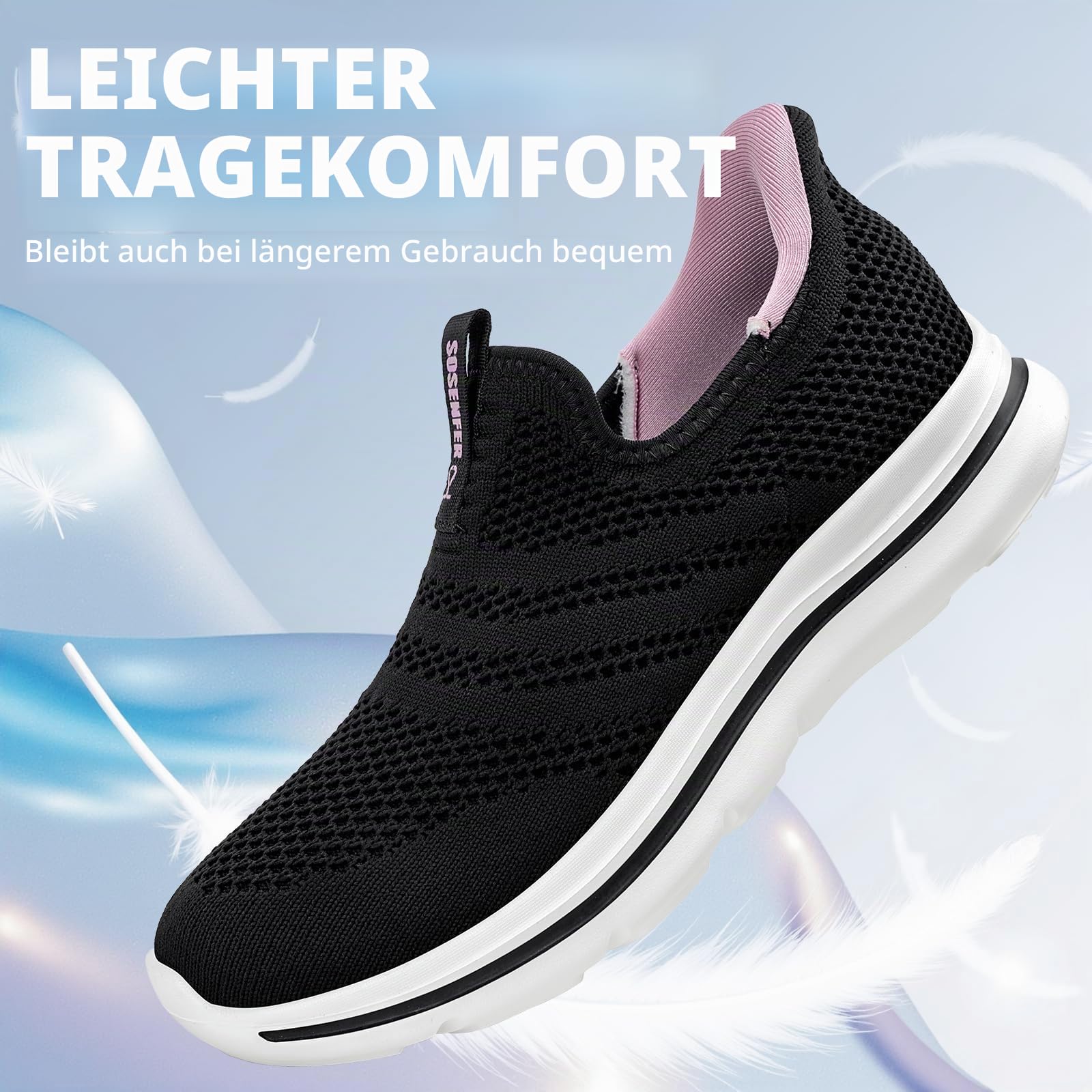 Sosenfer Sneaker Damen Slip On Ohne Schnürsenkel Leicht Atmungsaktiv | Schlupfschuhe Damen, Walkingschuhe, Rutschfeste Sohle, Bequeme Mesh-Schuhe, Turnschuhe Freizeitschuhe für Alltag, Gr.36-42