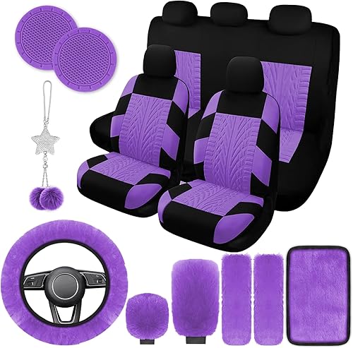 Miniatura 8 de Juego completo de 17 fundas de asiento de automóvil para mujer, funda universal para asiento de automóvil, funda de volante de felpa, engranaje de