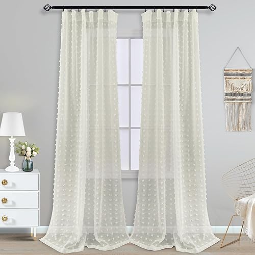 Miniatura 10 de KOUFALL Cortinas blancas crema de 102 pulgadas de largo para sala de estar, cortinas bohemias con pompones texturizados para dormitorio, lavandería,