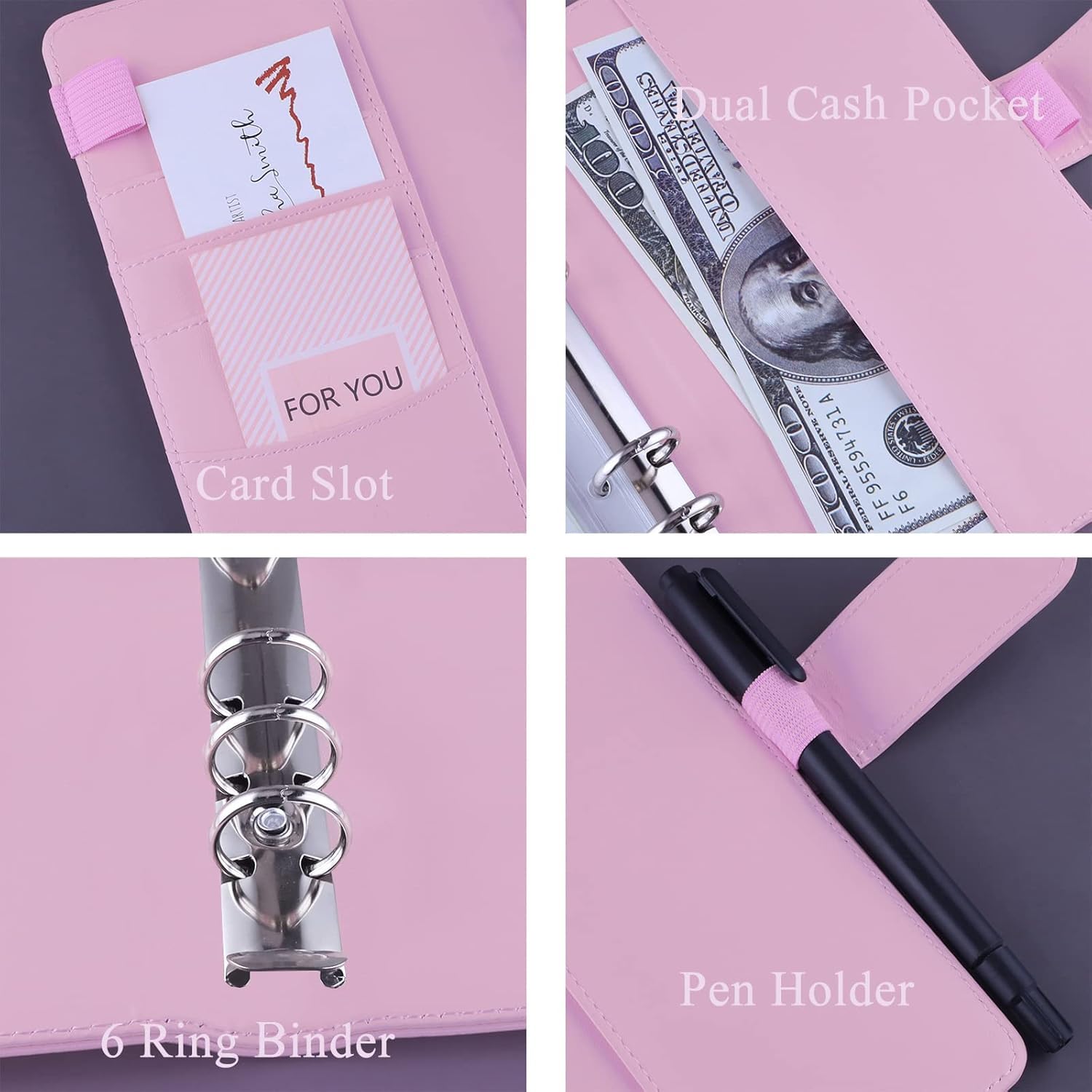 12 Pieces A6 Binder Pockets with A6 PU Leather Binder Cover 6-Ring Budget Binder with Cash Envelopes, Budget Envelopes System, Money Saving Binder - Pink 4