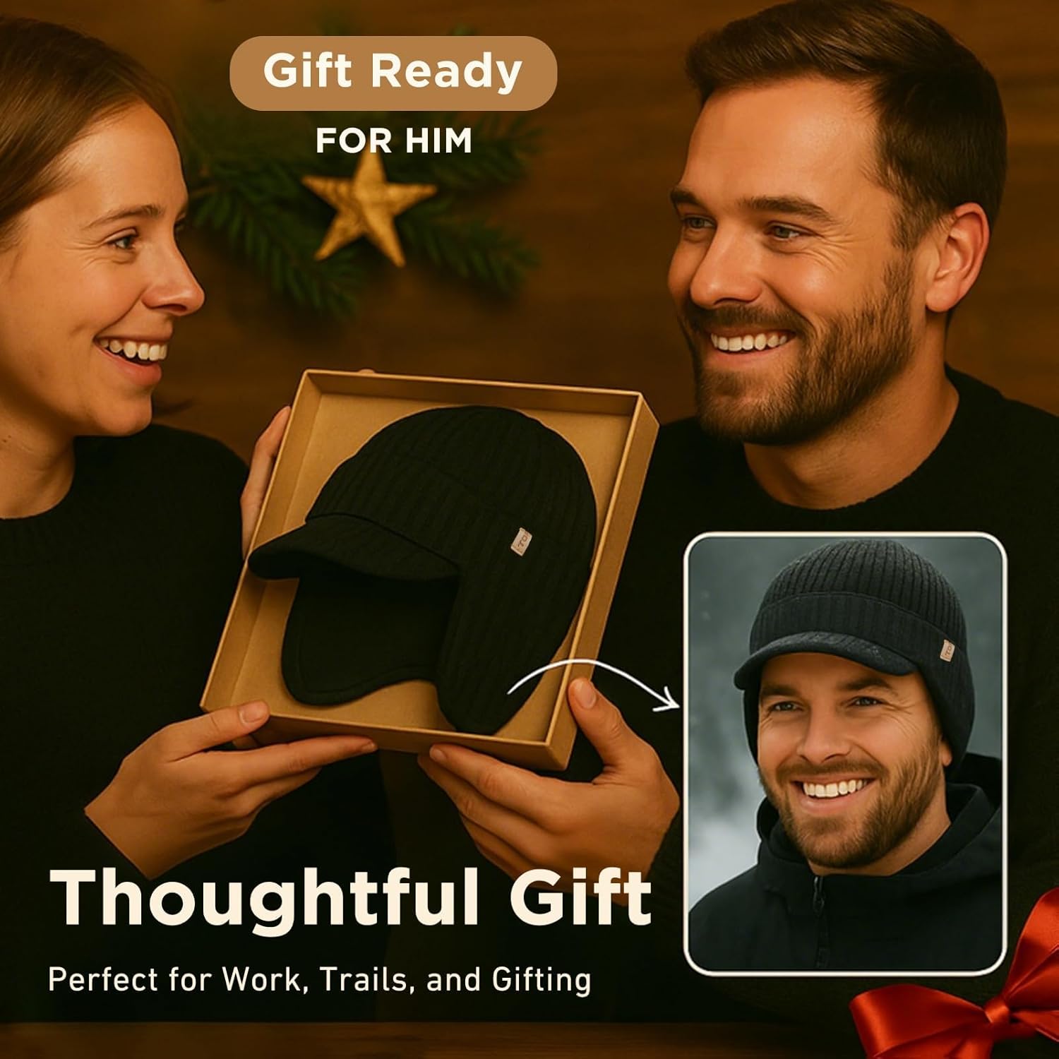 TOP-EX DryKnit™ Waterproof Merino Wool Beanie Hat with Brim Ear Flaps Fleece Lined Ski Cap for Cold Weather & Large Heads - Image 6